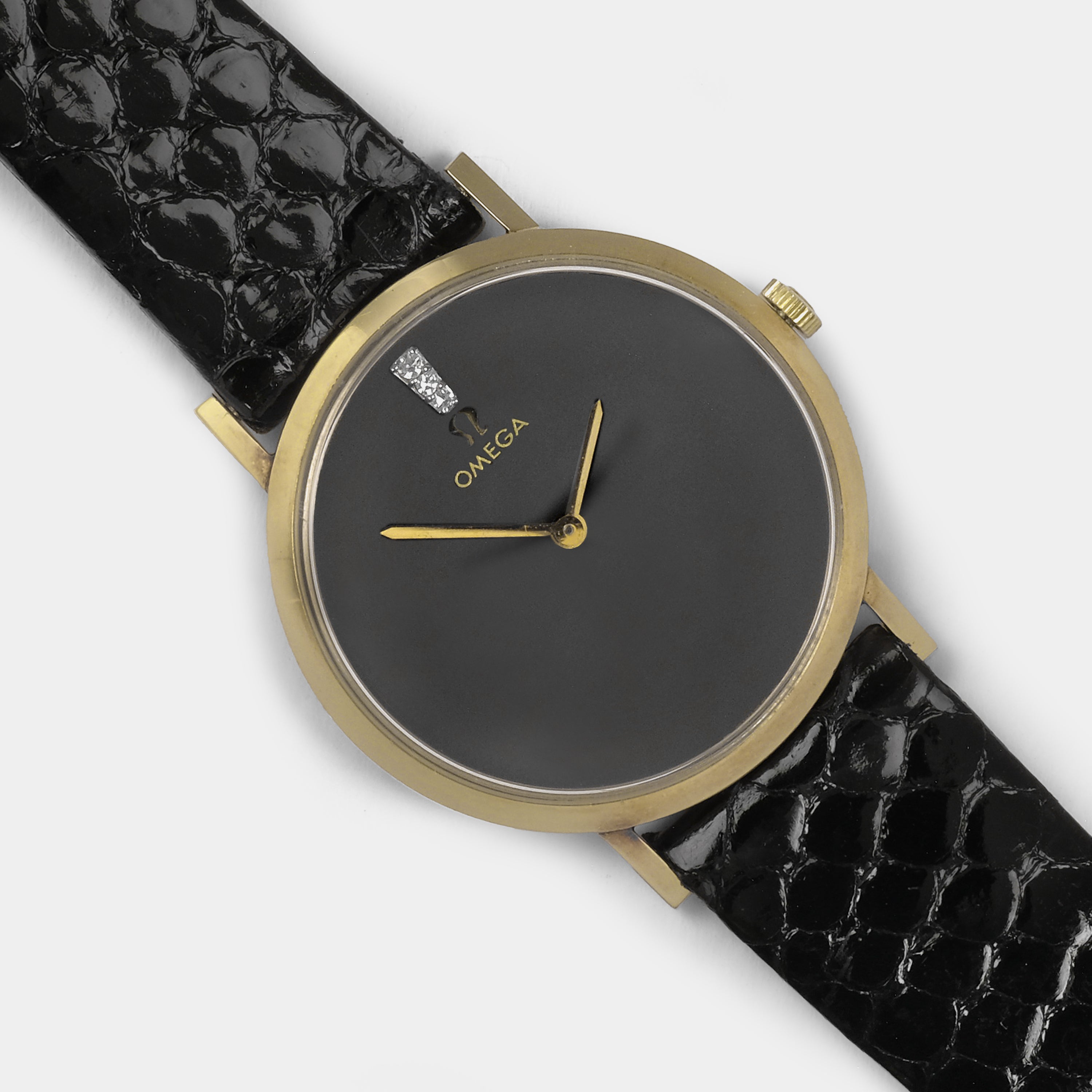 Omega D6672 Solid 14K Gold Factory (Matte Black Diamond Dial) Swiss Made Circa Late 1970s/early 1980s Wristwatch
