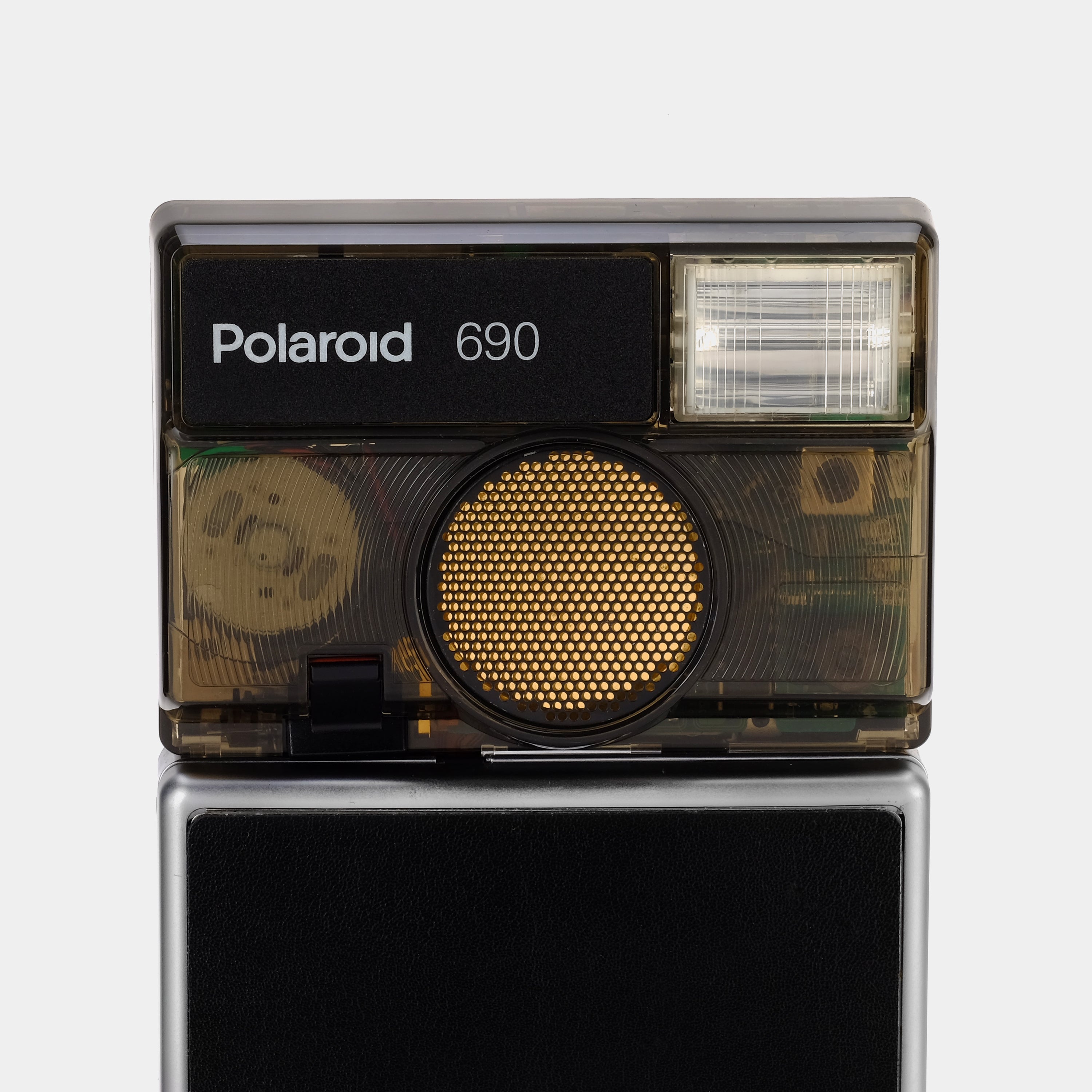 Chrome Polaroid 600 SLR 690 With Smokey Clear Flash Housing Folding Instant Film Camera